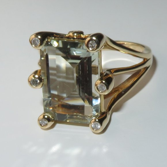 Natural Prasiolite Green Quartz Natural Diamonds 14K Yellow Gold Cocktail Ring - Picture 1 of 12